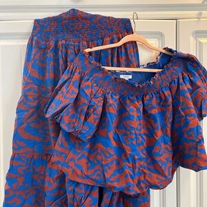 Nine West Blue and Orange Patterned Top and Skirt Set